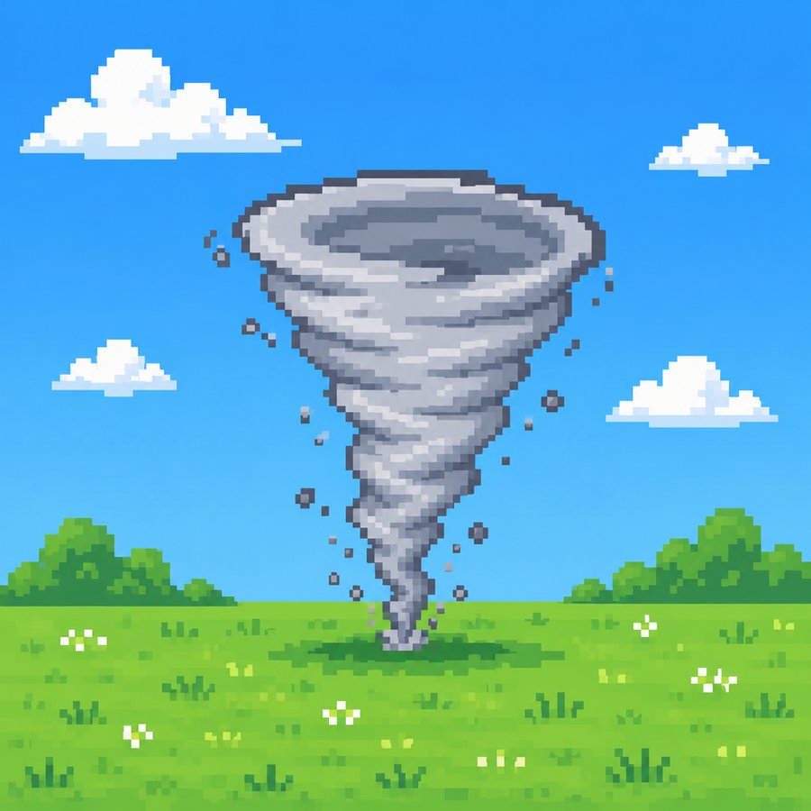 Pixel-art tornado over a green field and blue sky